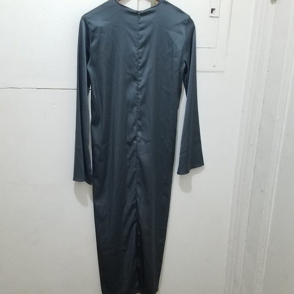 NWT SATIN Effect DARK CHARCOAL GRAY Long Sleeve Midi Dress - Picture 9 of 12